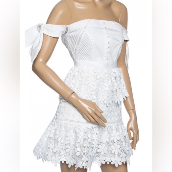 Self Portrait White Guipure Lace Tiered Off Shoulder Mini Dress - Picture 2 of 7